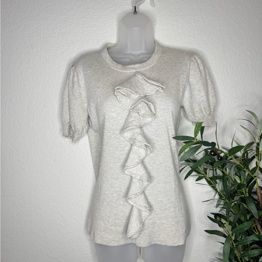 Autumn Cashmere Ruffle Front Puff Sleeve Sweater Top M Ivory 100% Italian Yarn